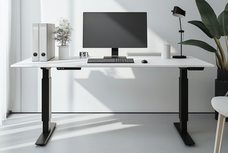Nowoczesne biurko z komputerem, wspierane przez solidny stelaż do biurka.