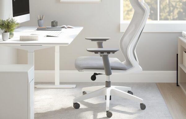 Nowoczesne biuro z wygodnym krzesłem i stelażem biurka z regulacją wysokości.