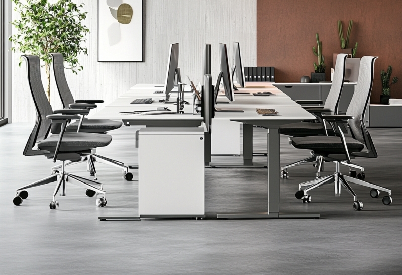 Biurko regulowane elektrycznie do intensywnej pracy: stalowy stelaż, realna nośność 80–120 kg +20–30%, stabilność 1100–1250 mm, długie stopy.