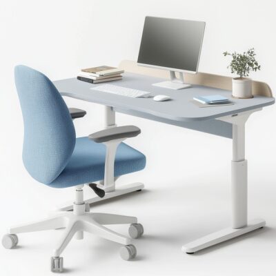 Nowoczesne stanowisko pracy z biurkiem z regulowaną wysokością, na którym znajduje się komputer i roślina.