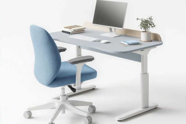 Nowoczesne stanowisko pracy z biurkiem z regulowaną wysokością, na którym znajduje się komputer i roślina.