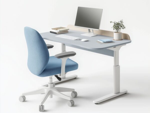 Nowoczesne stanowisko pracy z biurkiem z regulowaną wysokością, na którym znajduje się komputer i roślina.