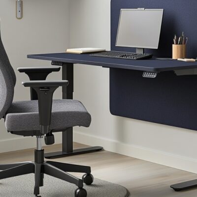 Nowoczesne biuro z biurkiem regulowanym elektrycznie i wygodnym fotelem.