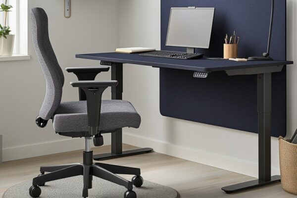 Nowoczesne biuro z biurkiem regulowanym elektrycznie i wygodnym fotelem.