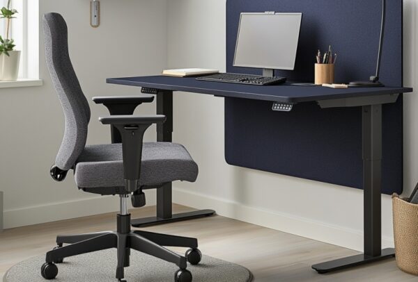 Nowoczesne biuro z biurkiem regulowanym elektrycznie i wygodnym fotelem.