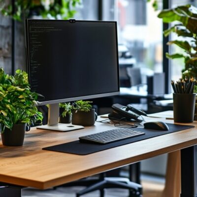 Biurko z regulowaną wysokością blatu, ozdobione roślinami doniczkowymi i sprzętem komputerowym.