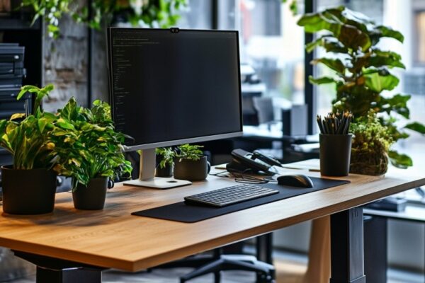 Biurko z regulowaną wysokością blatu, ozdobione roślinami doniczkowymi i sprzętem komputerowym.