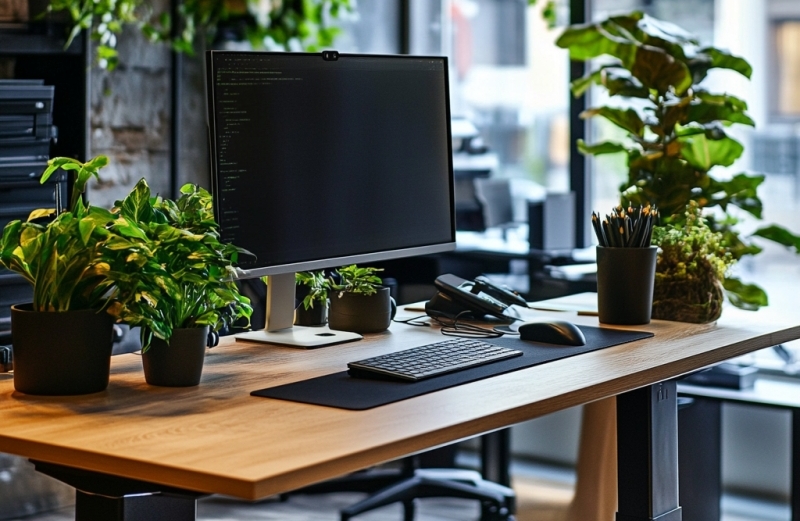 Biurko z regulowaną wysokością blatu, ozdobione roślinami doniczkowymi i sprzętem komputerowym.