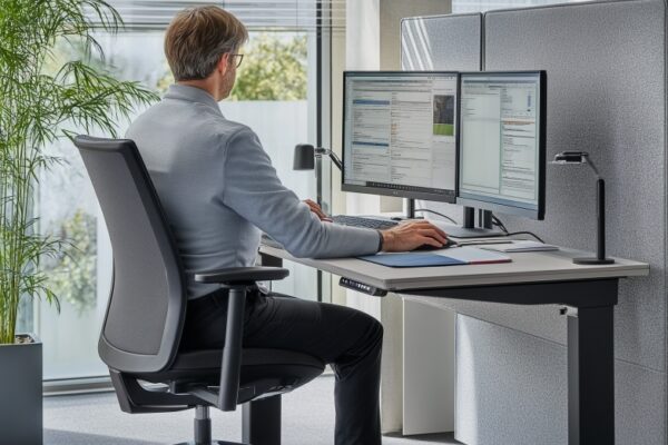 Stalowe stelaże do biurek regulowanych poprawiają ergonomię i stabilność; zakres regulacji 620–1270 mm ogranicza kołysanie blatu i przeciążenia.
