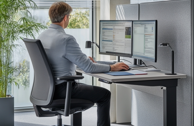 Stalowe stelaże do biurek regulowanych poprawiają ergonomię i stabilność; zakres regulacji 620–1270 mm ogranicza kołysanie blatu i przeciążenia.